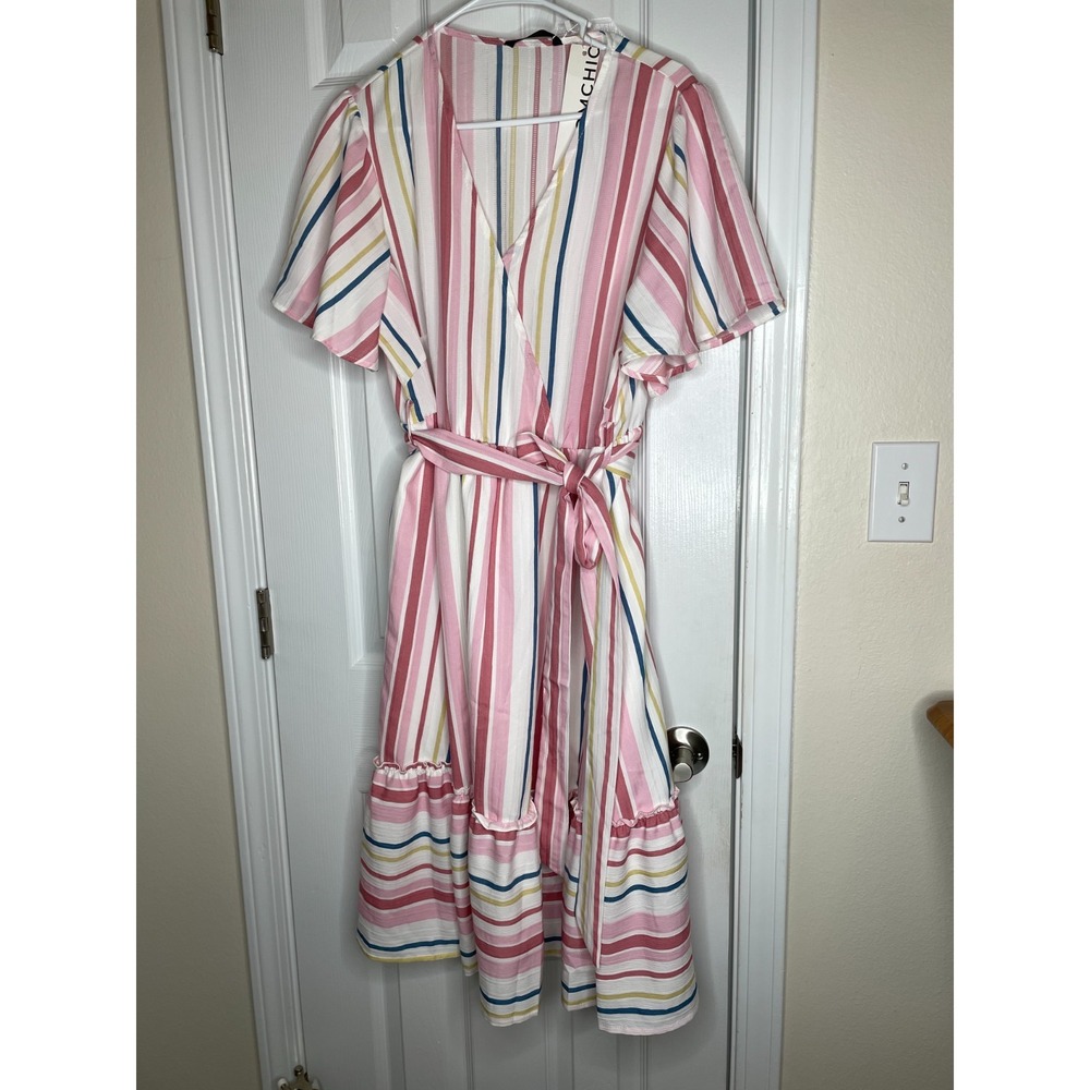 Bloomchic Womens Faux Wrap Dress Size 14-16 Flutter Sleeve Stripes Tie Waist NWT